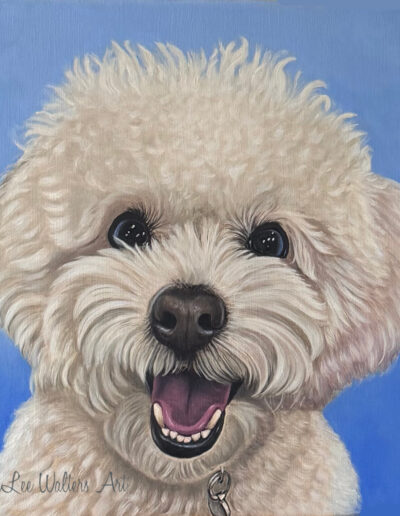 pet portrait, dog painting, realistic dog painting, realistic dog oil painting, EmmaLee Walters art, painting of white fluffy dog
