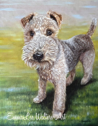 Airedale painting, EmmaLee Art, EmmaLee Walters, Airedale Oil Painting, Pet portrait art, pet painting, dog oil painting, dog in grass painting